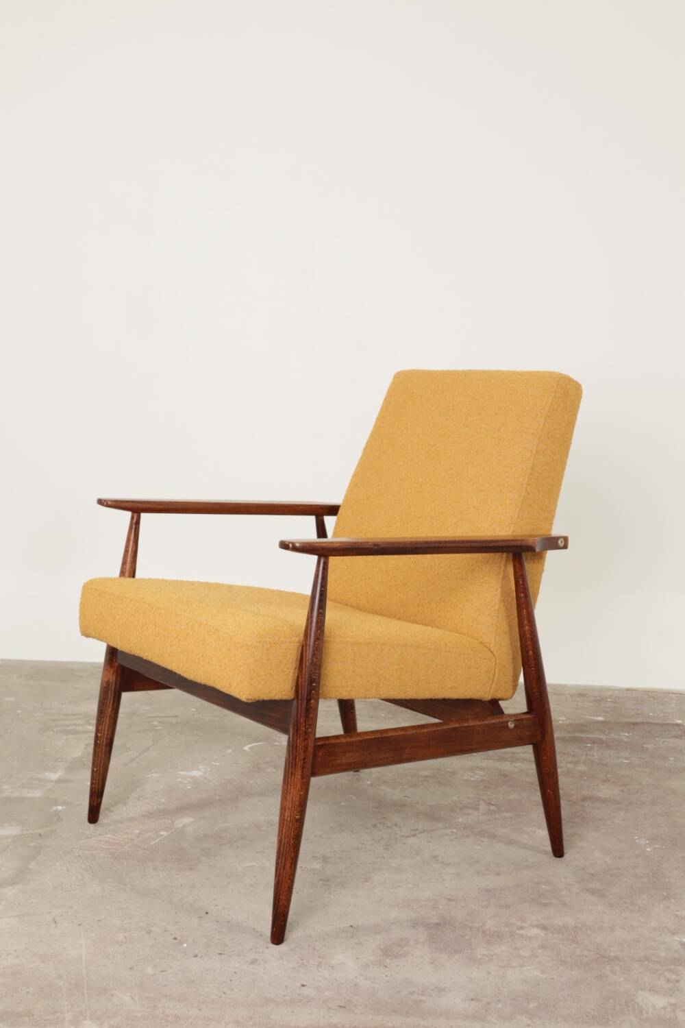 Scandinavian mustard yellow bouclé armchair 1970s by H.Lis