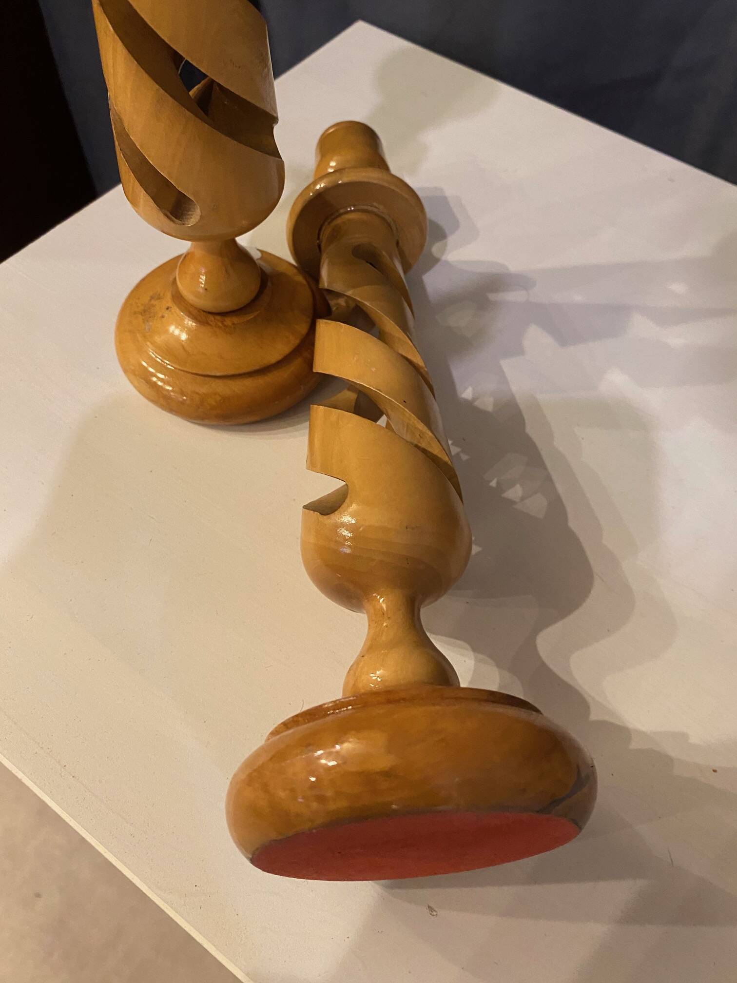 PAIR OF LEMON WOOD CANDLESTICKS CARVED INTO SPIRAL 1970s