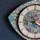 Vintage formica clock asymmetrical silent wall clock "Fleurie bleu violet"