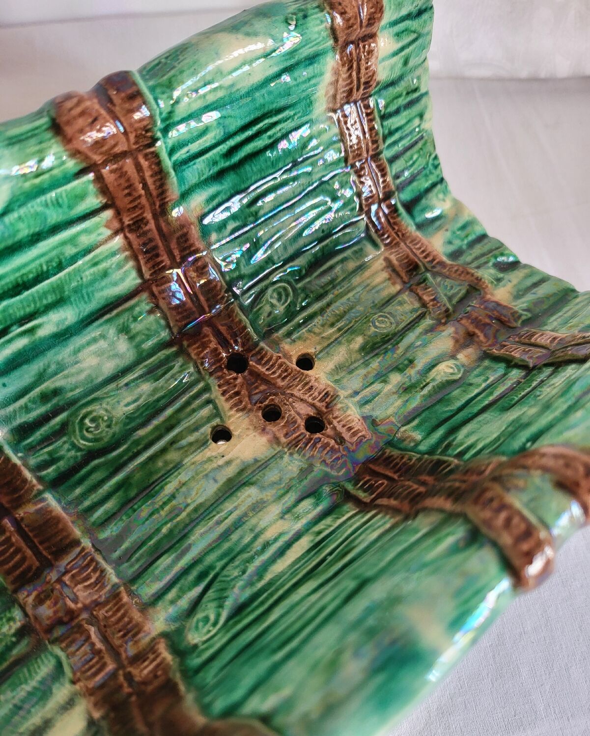 Dish and Asparagus Drainer in Green Barbotine Earthenware