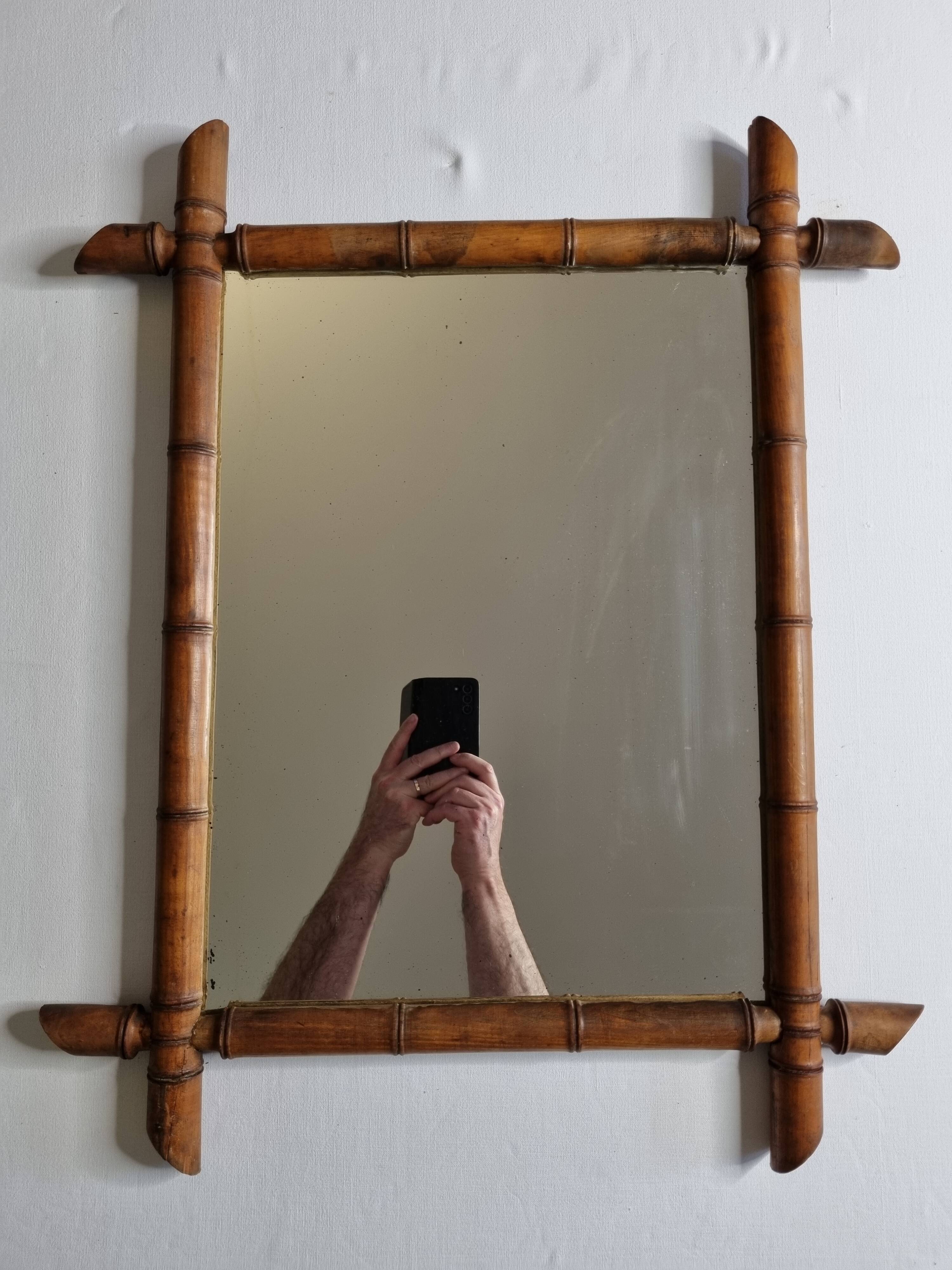 Turned wooden mirror in imitation of bamboo, from the 20s-30s, 54 x 65 cm