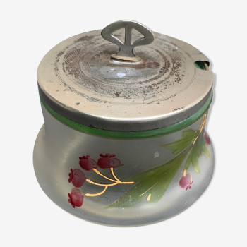 Frosted glass sugar bowl painted floral pattern and art deco metal lid