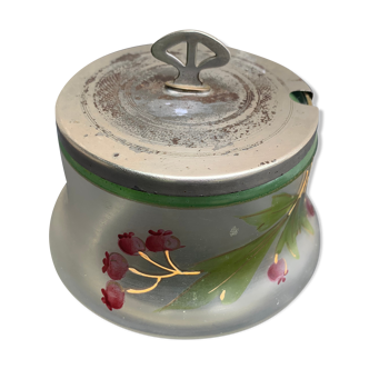 Frosted glass sugar bowl painted floral pattern and art deco metal lid