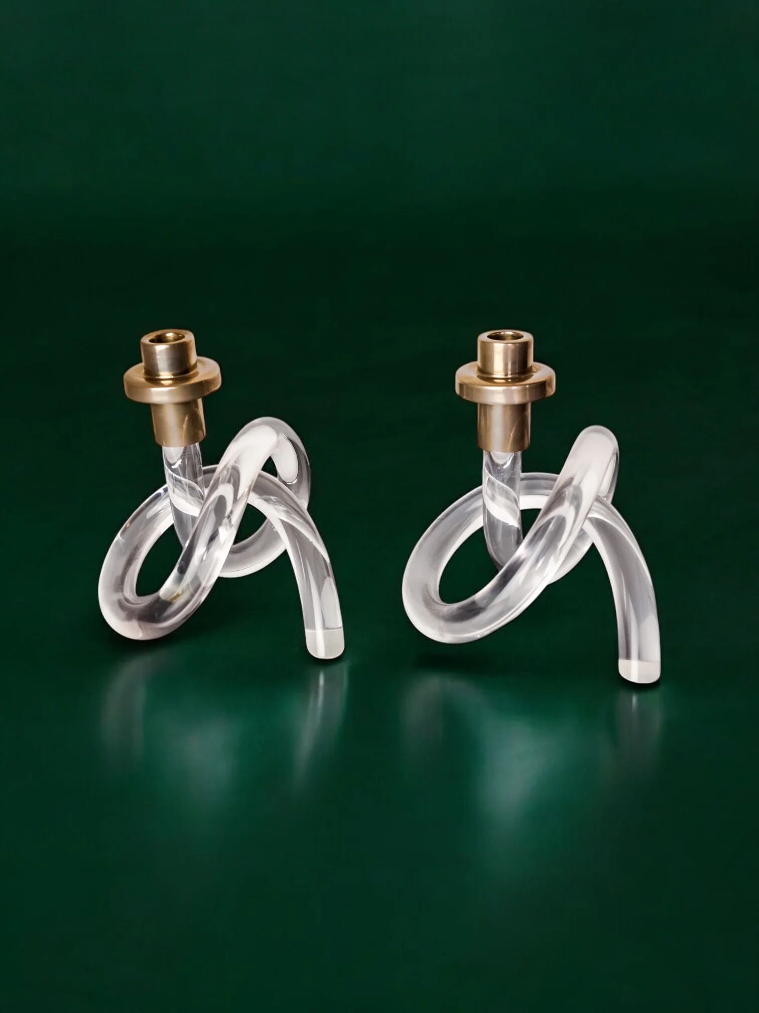 Pair of pretzel candlesticks by Dorothy Thorpe, Lucite and gilt brass, 1970s