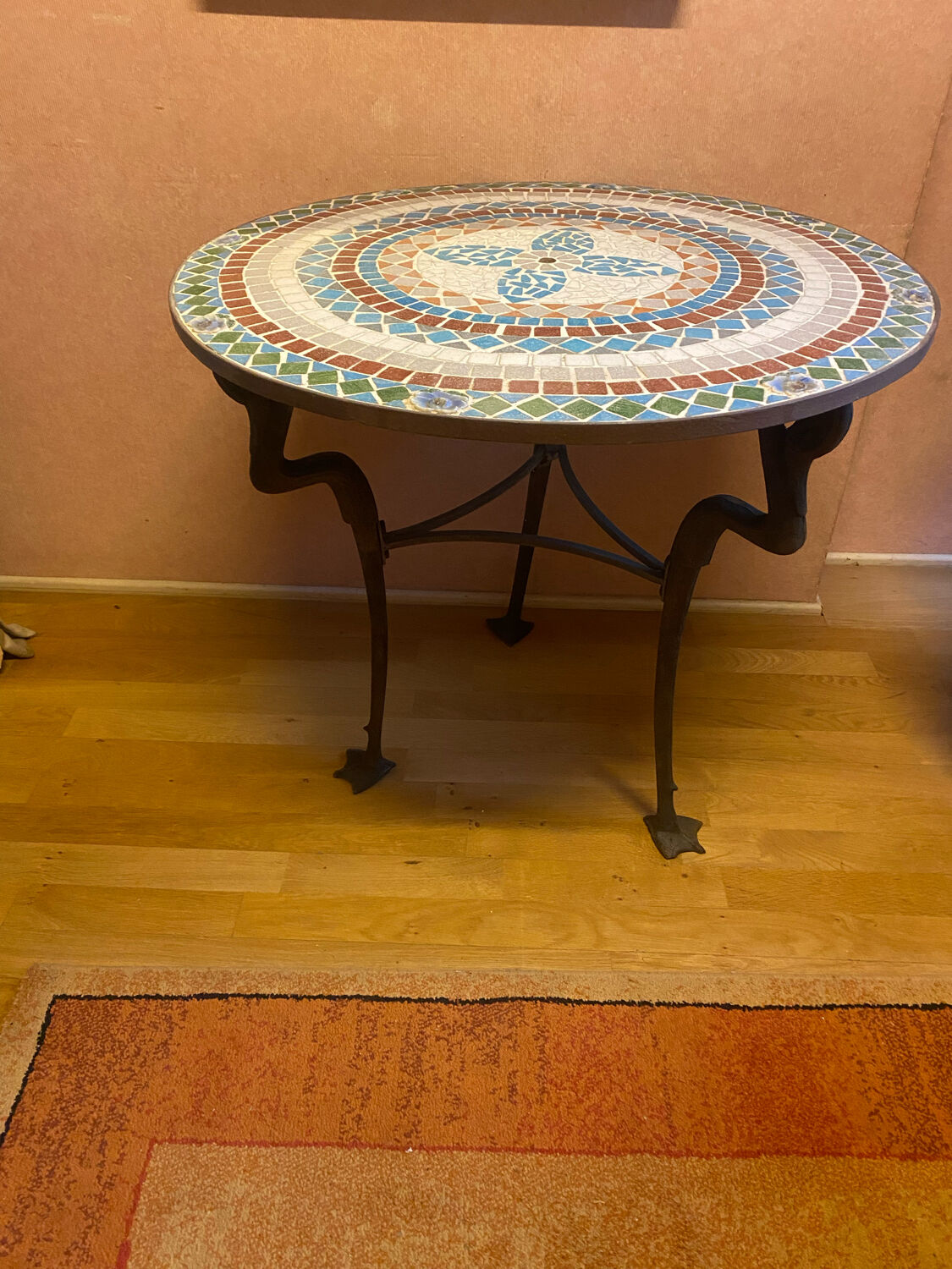 Mosaic garden table, gooseneck legs
