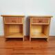 Pair of vintage bedside tables in wood and rattan.