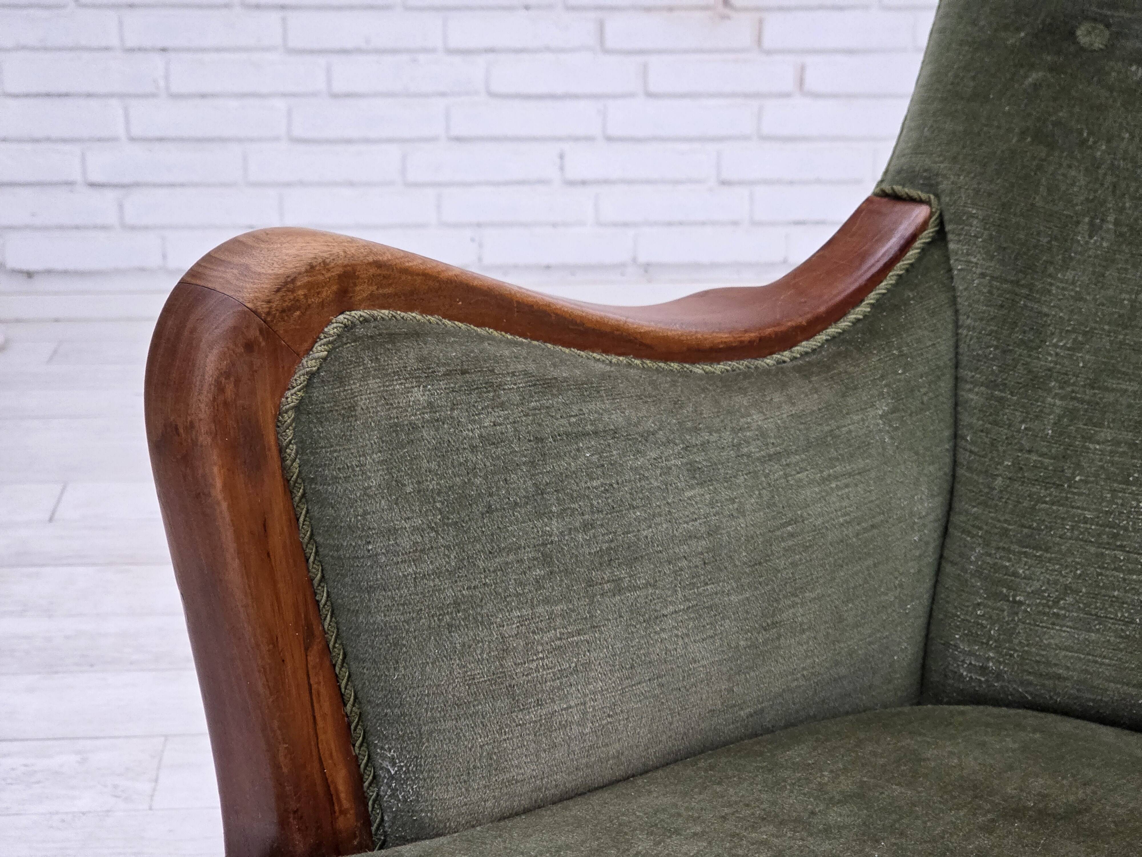 1960s, Danish highback armchair, green furniture velour, teak wood.
