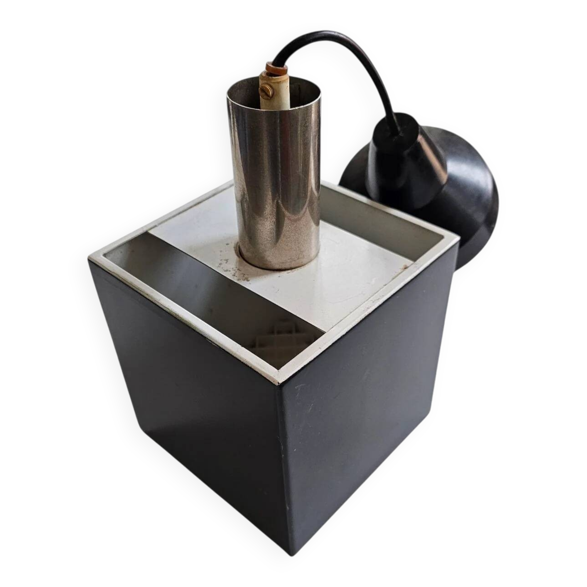 Vintage rectangular small Philips black metal hanging lamp / Dutch design cube / rare model mid-century modern 1970s with diffuser