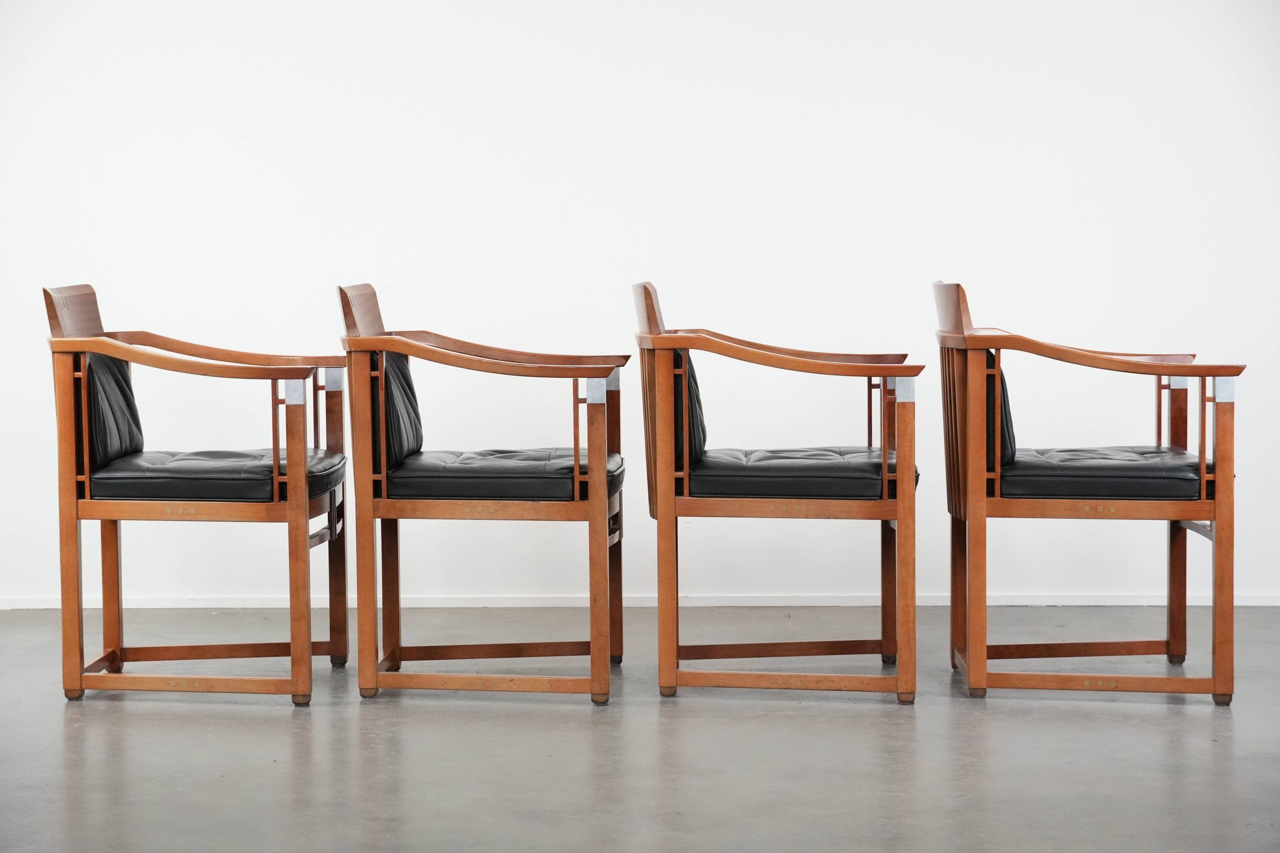 Set of 4 luxury black leather Art Deco dining chairs with armrests