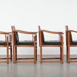 Set of 4 luxury black leather Art Deco dining chairs with armrests