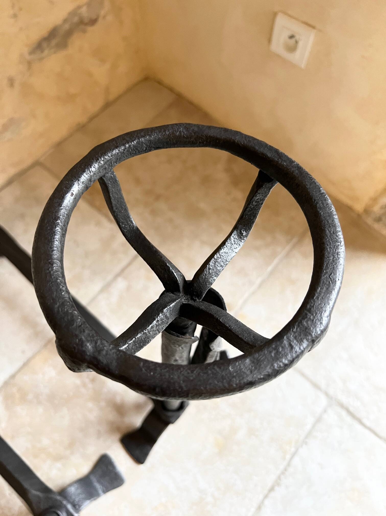 Pair of 18th century wrought iron andirons, log-carrying andirons