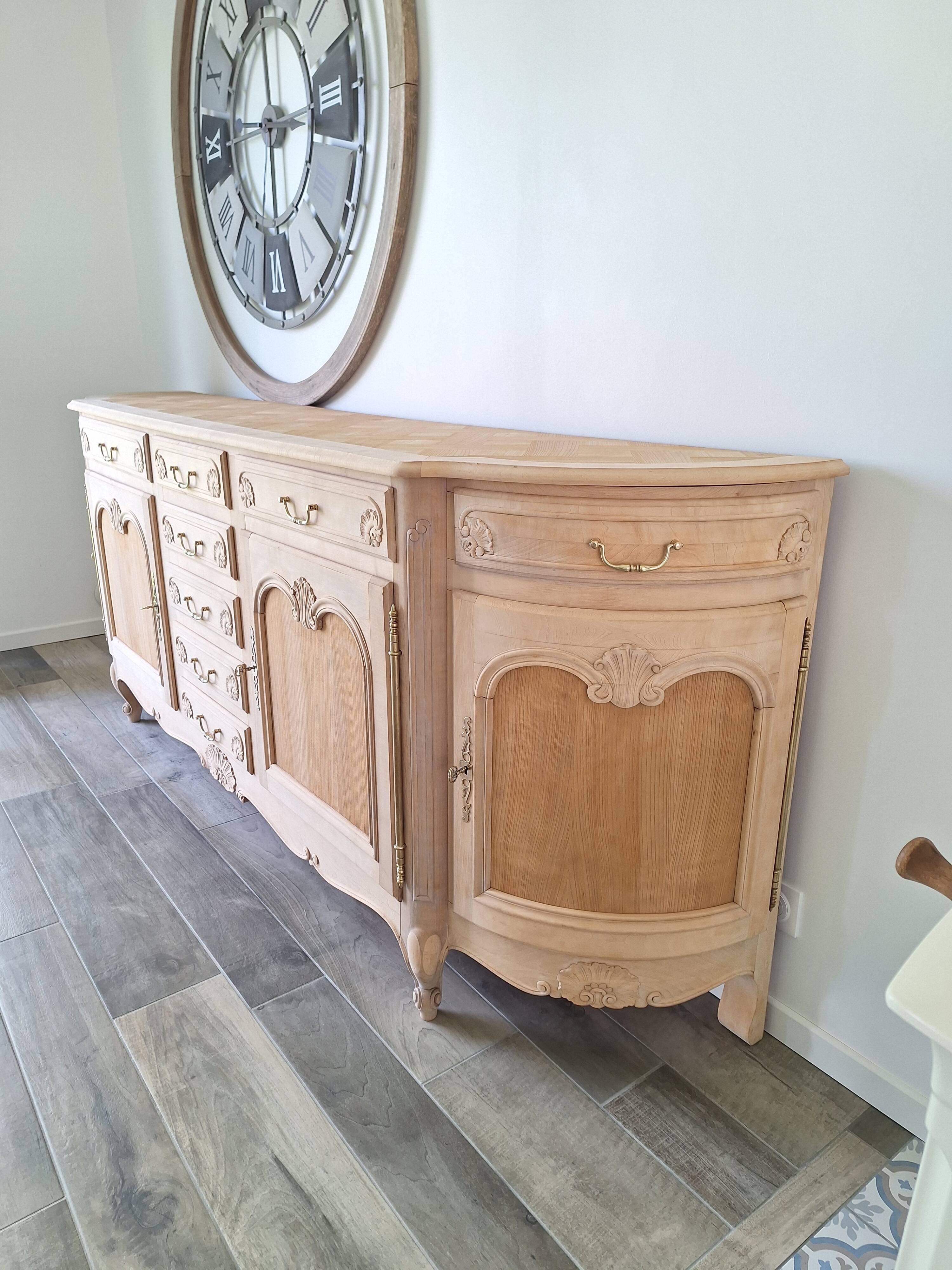 Low buffet in renovated solid cherry wood – Revisited Louis XV style – 250 cm