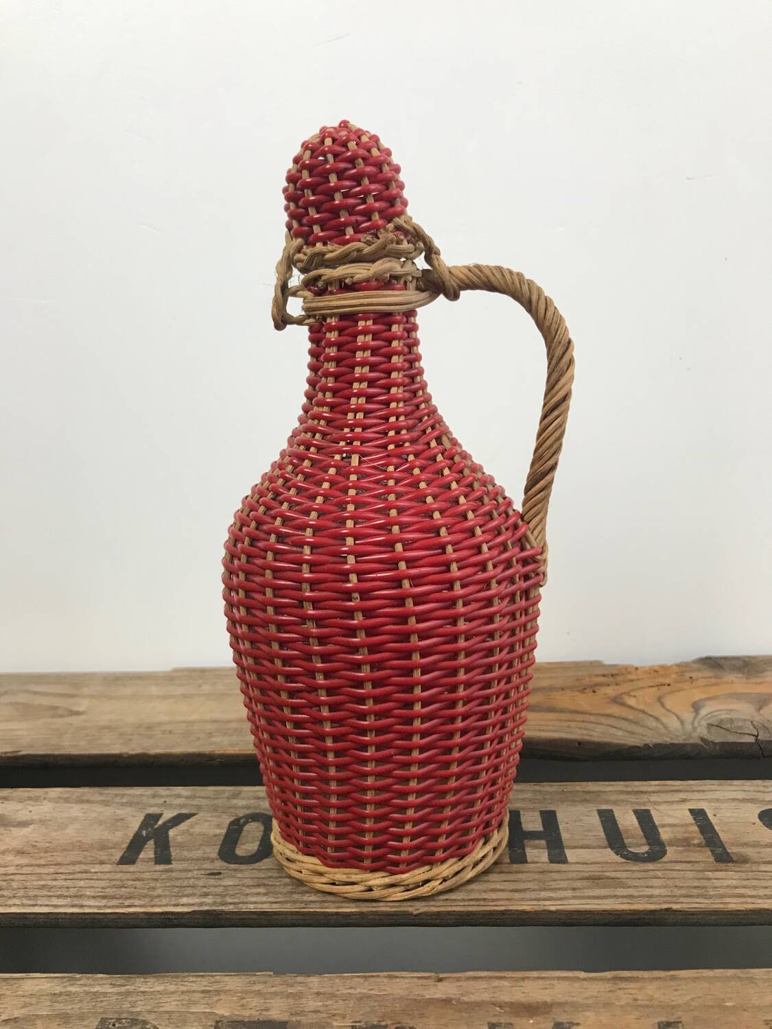 Bottle with rattan weaving and vintage scoubidou