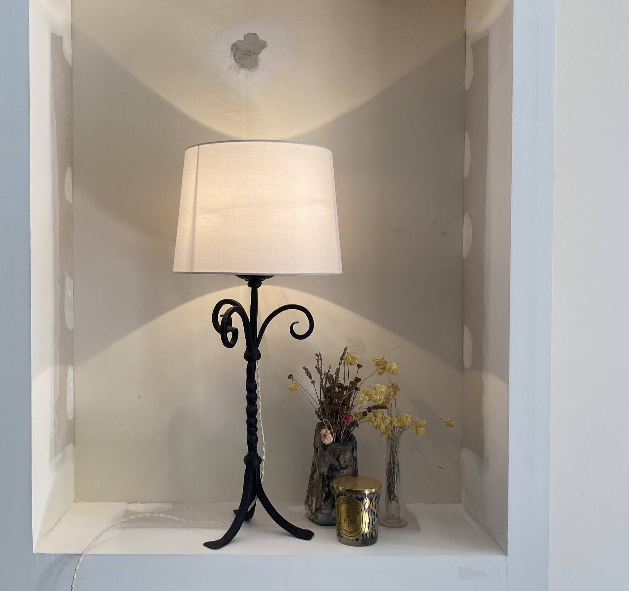 Wrought iron lamp, 2M fabric cable, cotton shade