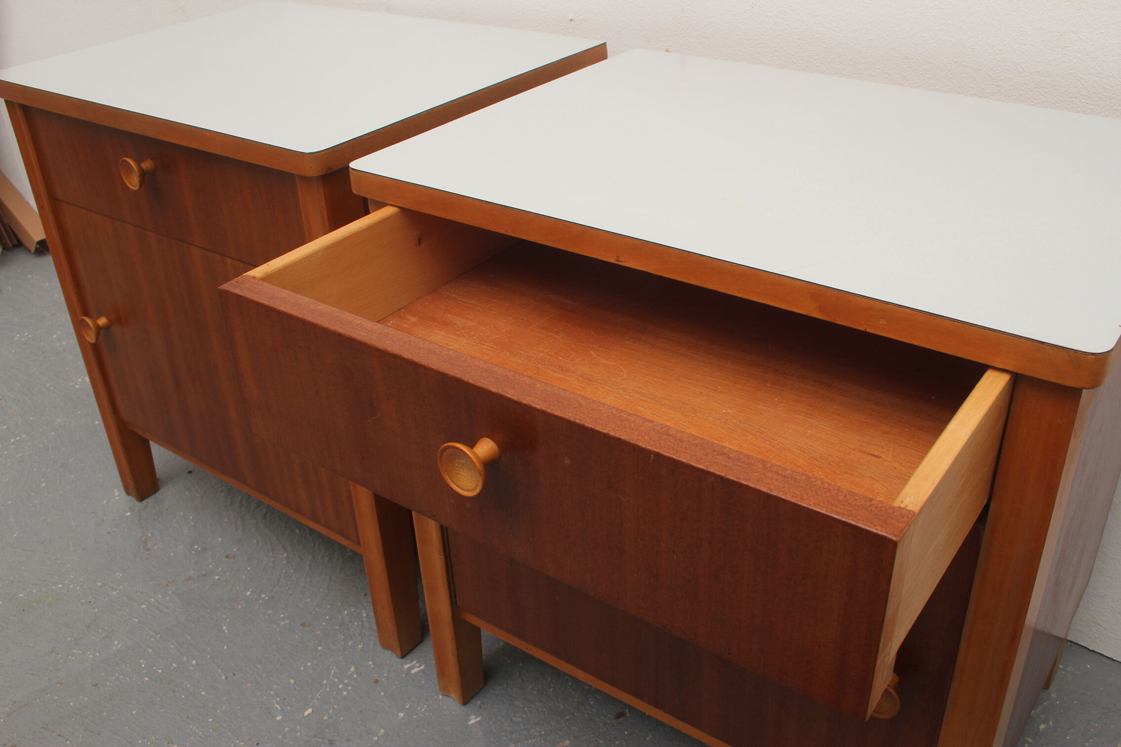 Pair of nightstands in walnut and formica 1950