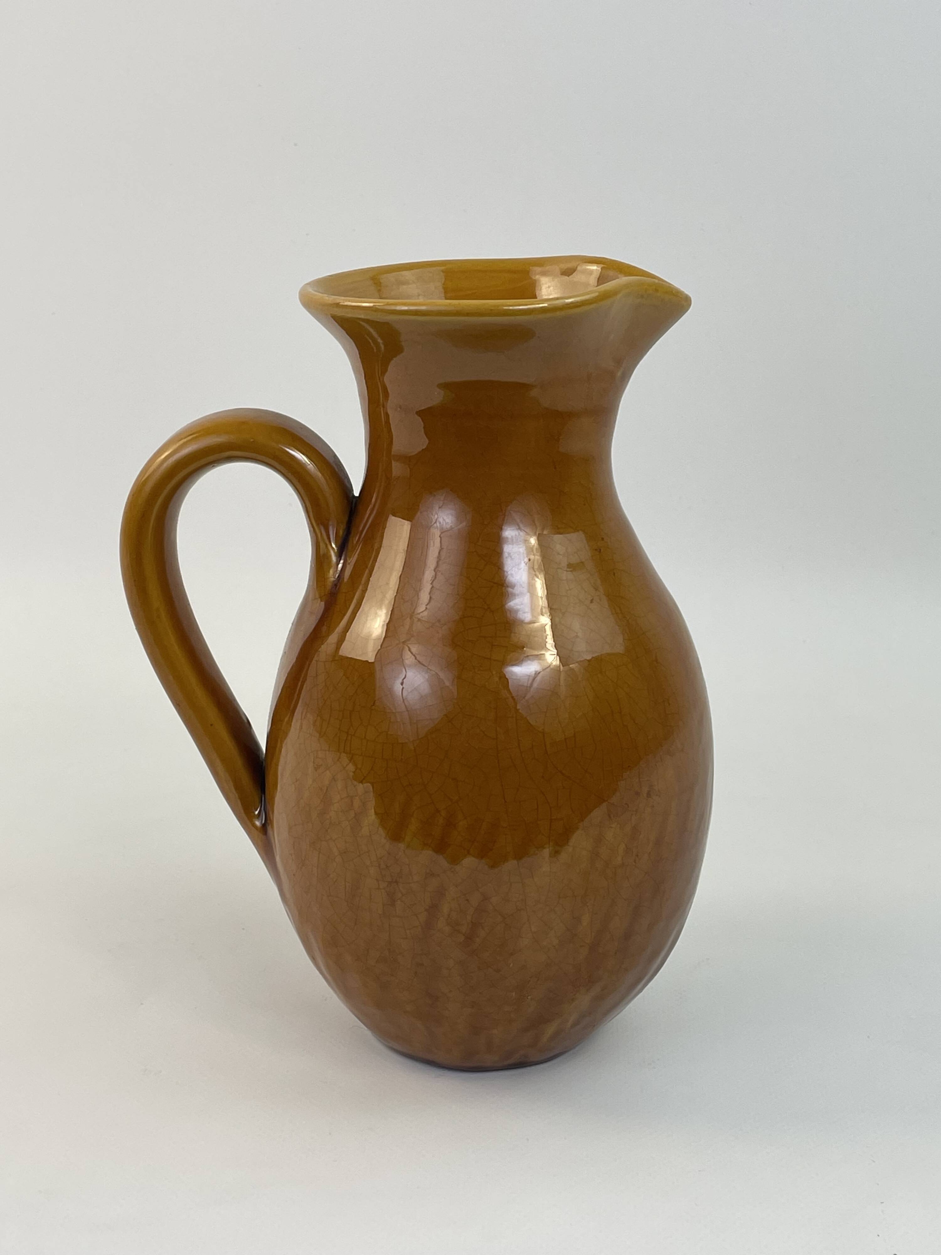 Yellow ochre ceramic pitcher signed Félix Céram Vallauris circa 1960