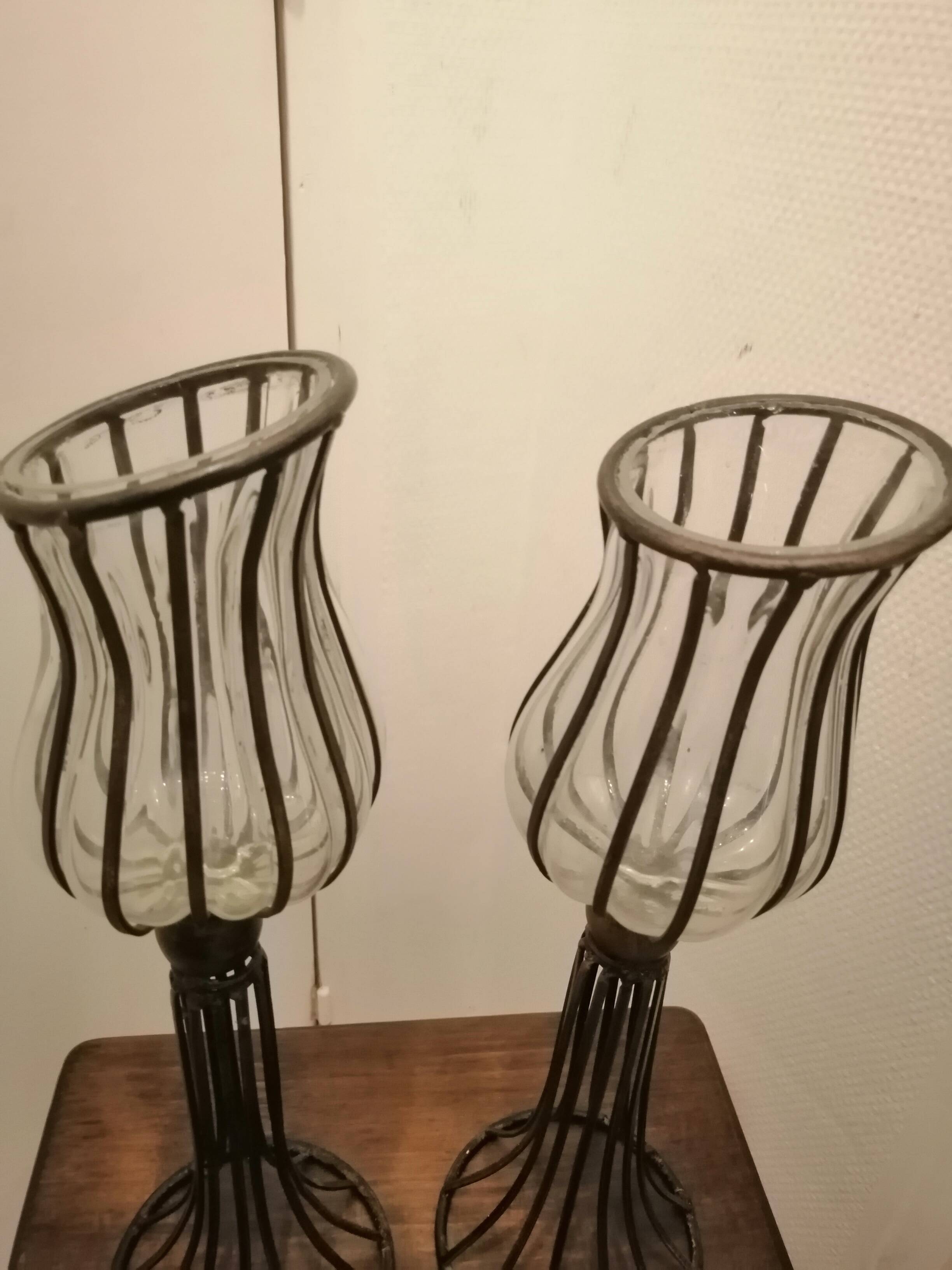 Pair of vintage/retro glass and metal vases