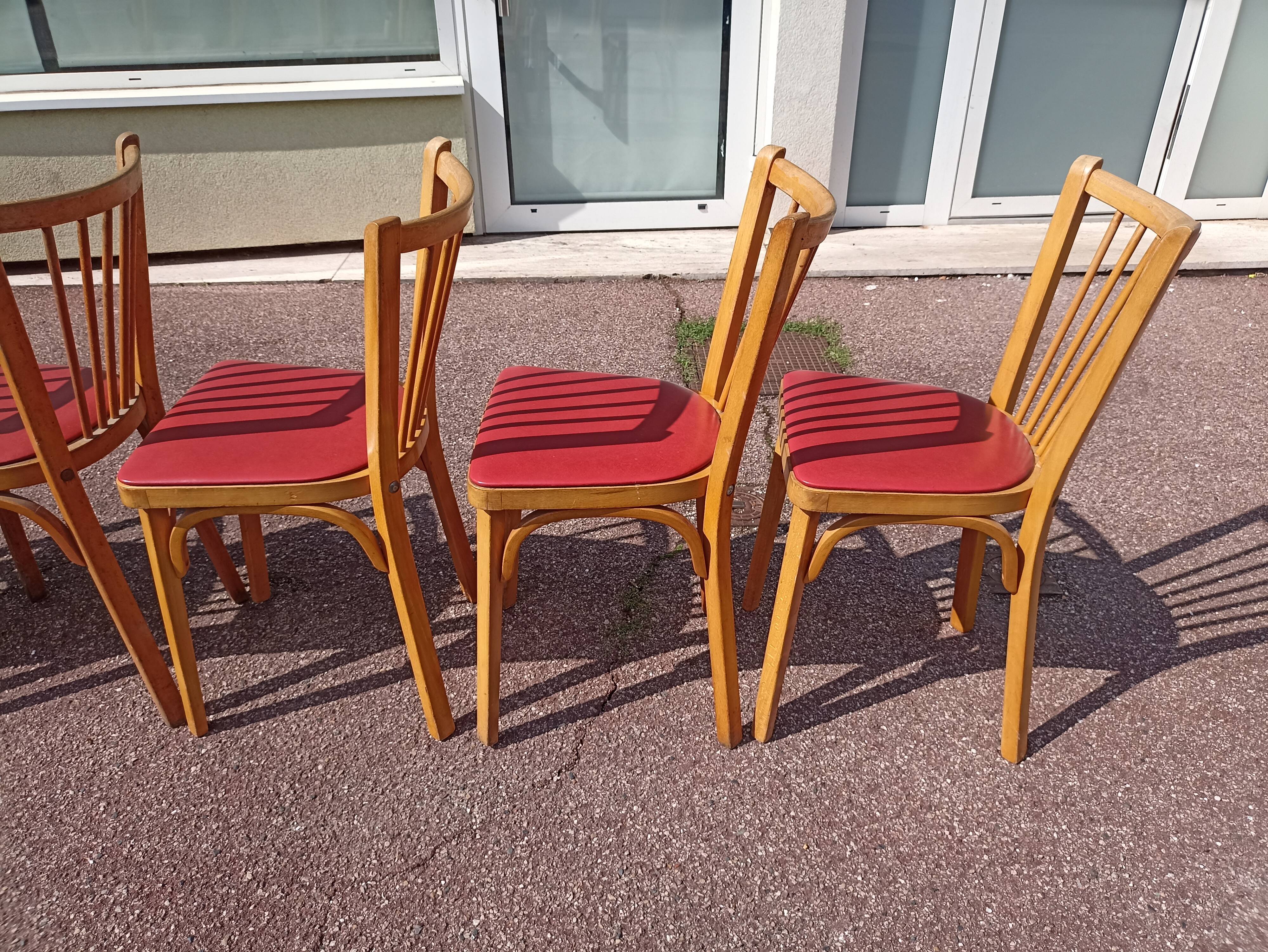 6 baumann bistro chairs wood and skaï red - vintage