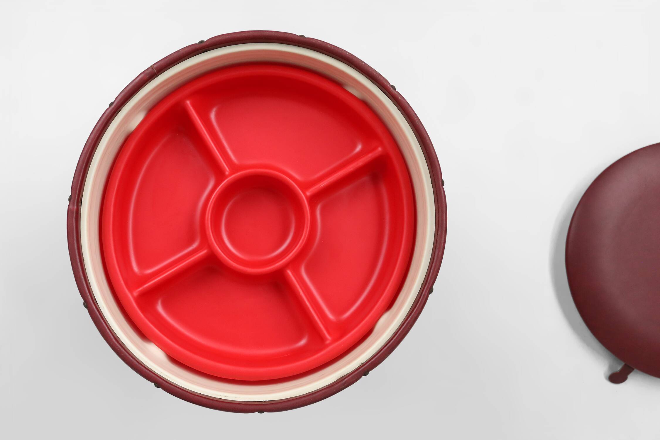 Vintage pouf with storage in dark red faux leather, France ca. 1950