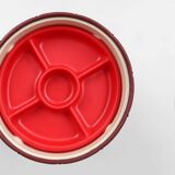 Vintage pouf with storage in dark red faux leather, France ca. 1950