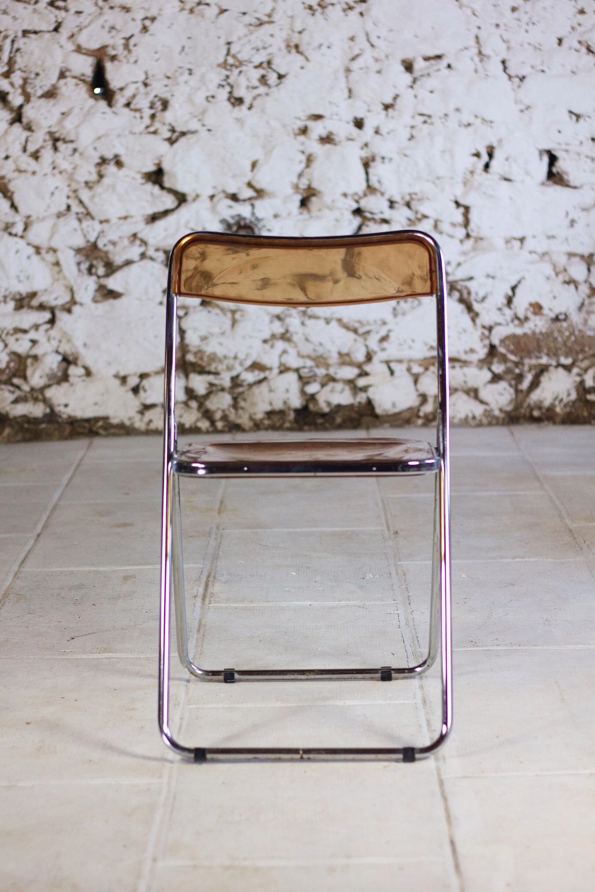 Set of 3 folding chairs in plexiglass and chrome, 1970.