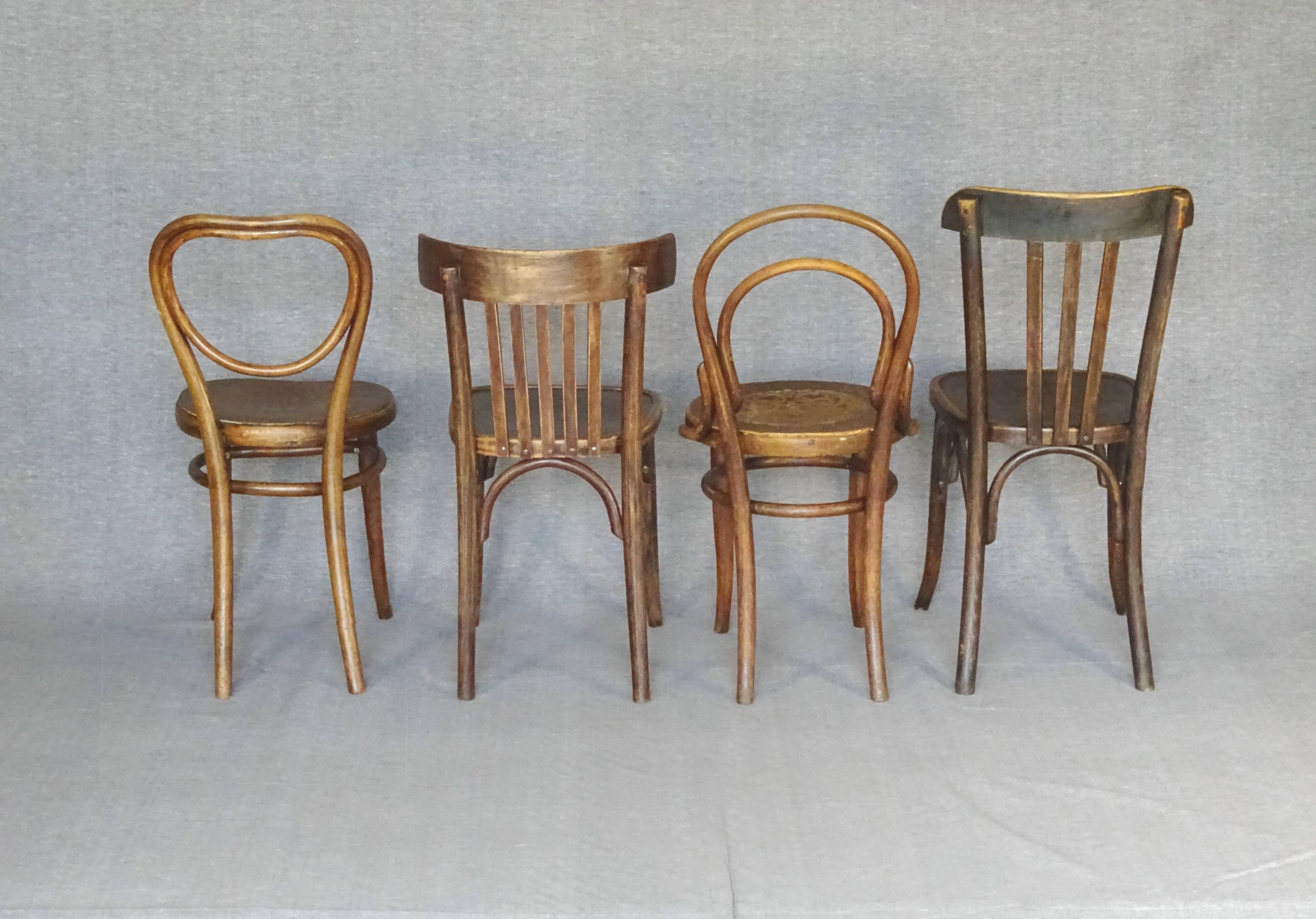 Set of 4 mismatched bistro chairs, from 1910 to 1935