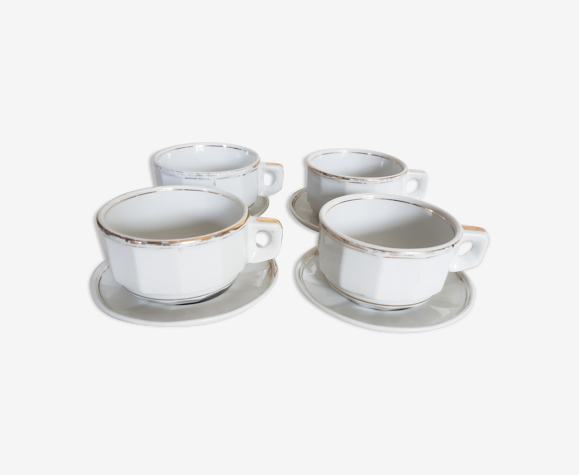Tasses à chocolat de bistrot blanches et or Arbona à Tours , en porcelaine, vintage; lot de 4