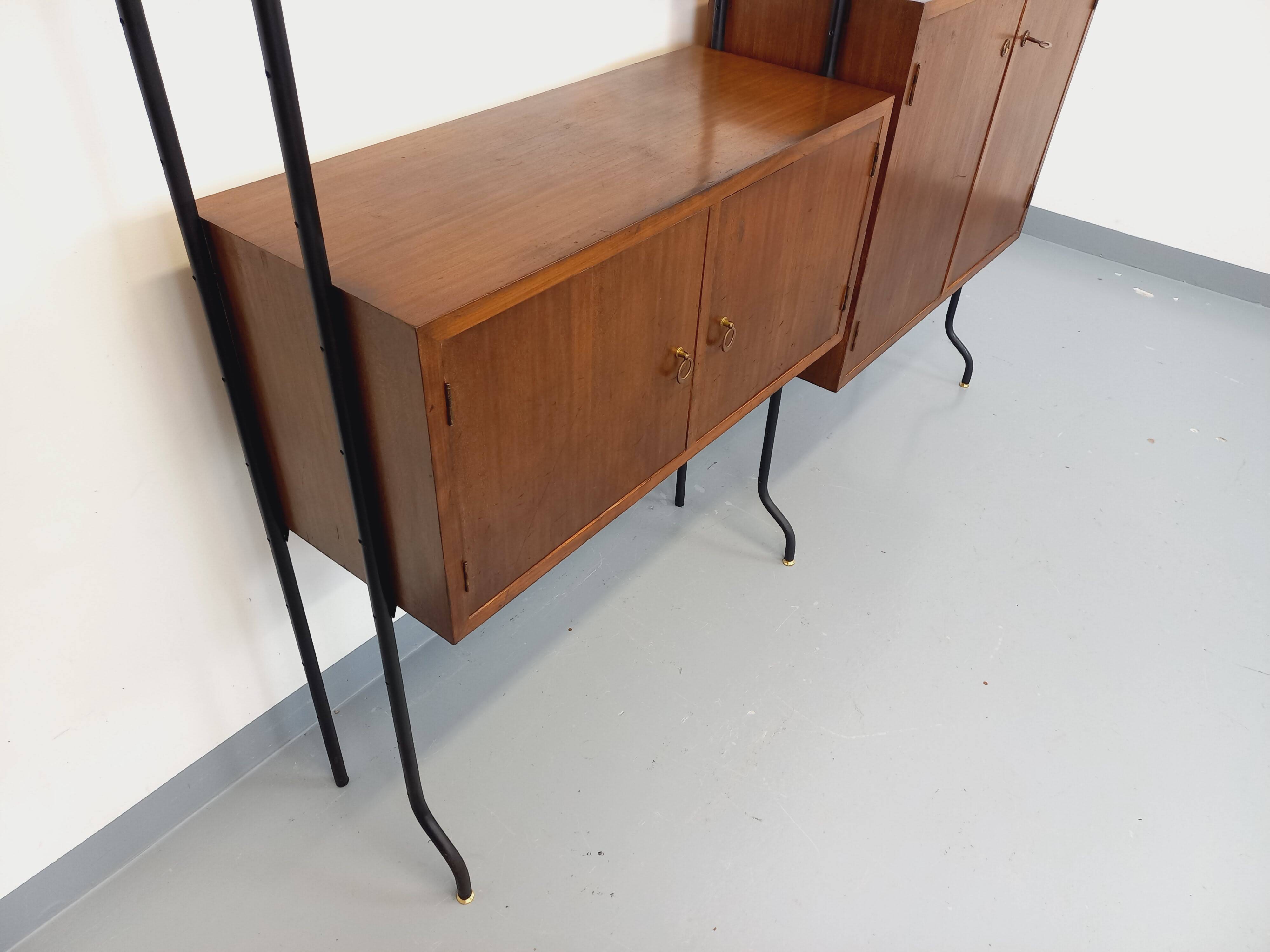 Vintage Italian double modular shelving unit in wood and metal