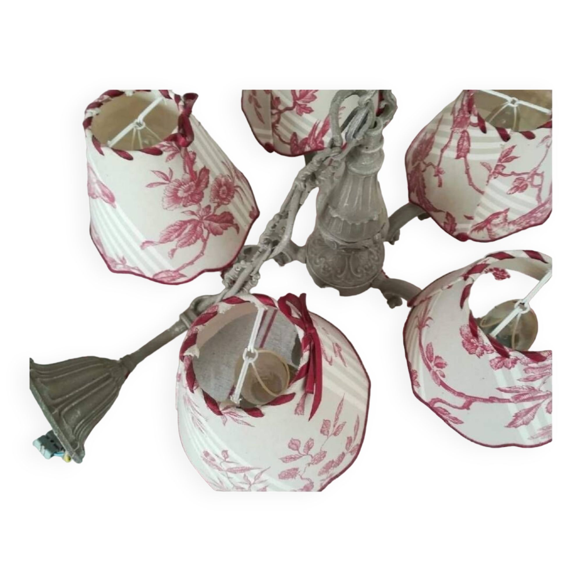 Lustre with 5 branches in bronze and grey, Gustavo style, lampshade in toile de Jouy.