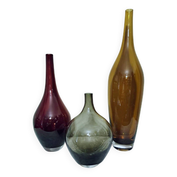 3 vases en verre soufflé