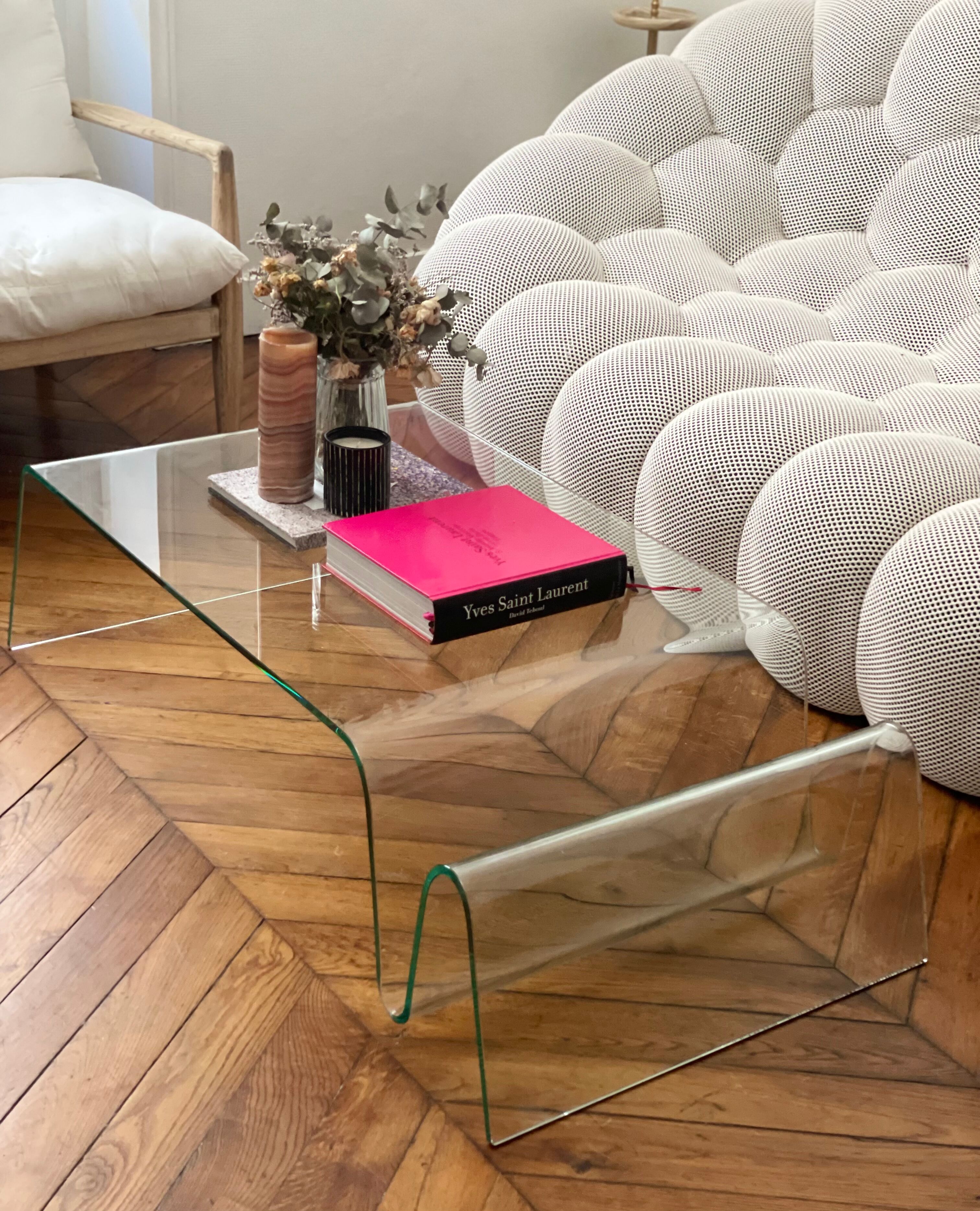 Vintage coffee table in curved corrugated tempered glass minimalist design