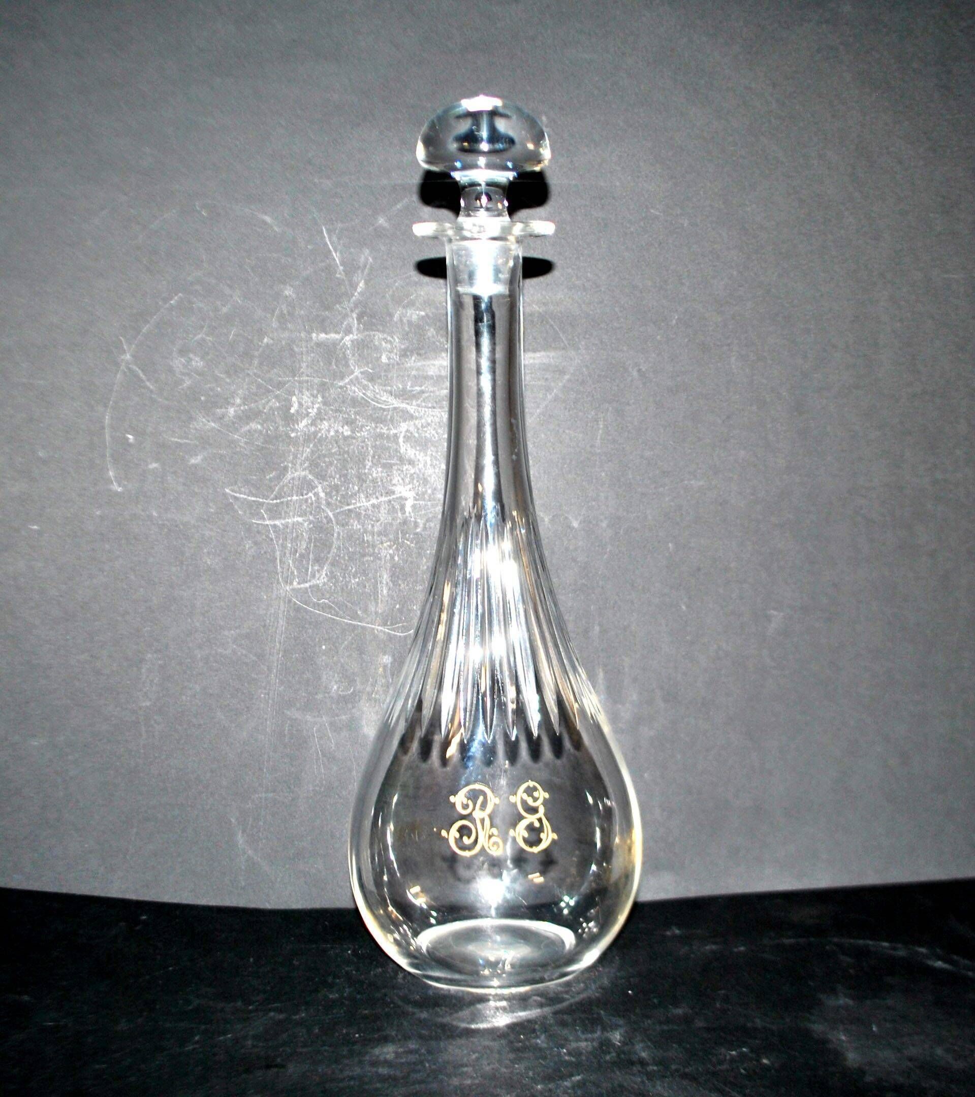 Carafe ancienne en cristal taillé et gravure dorée monogramme RG H33.5cm