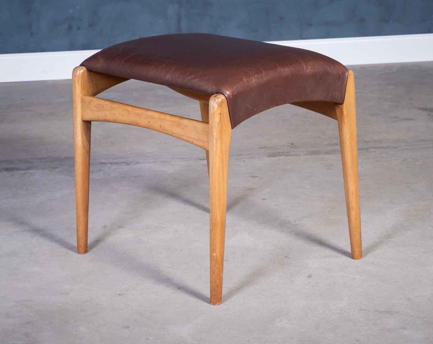 Mid-Century Stool in Beech with Brown Leather Seat, Denmark, 1950s