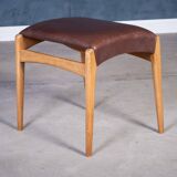 Mid-Century Stool in Beech with Brown Leather Seat, Denmark, 1950s