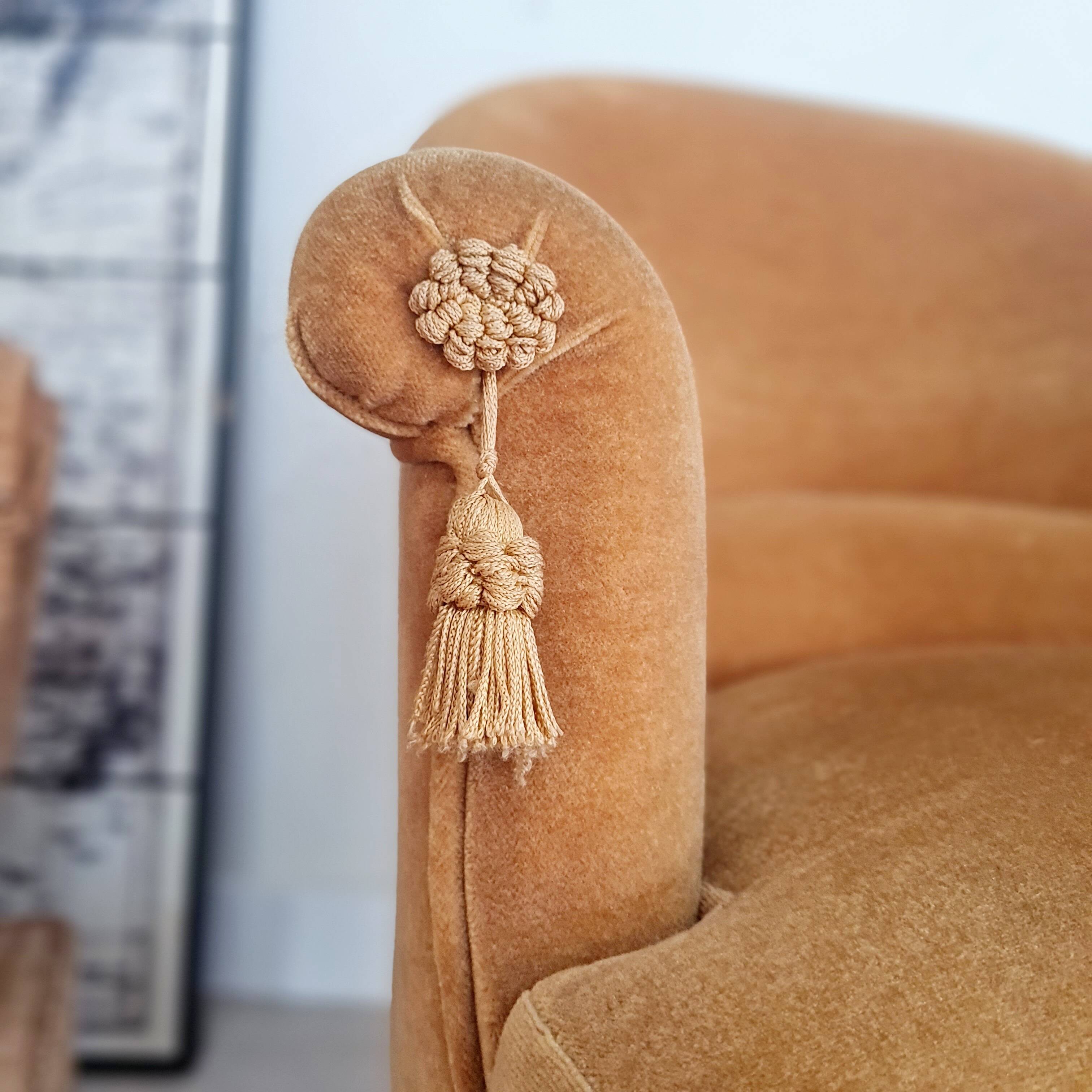 Golden yellow velvet toad armchair