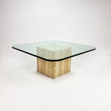Table basse en verre faite à la main du milieu du siècle avec base en travertin, années 1960
