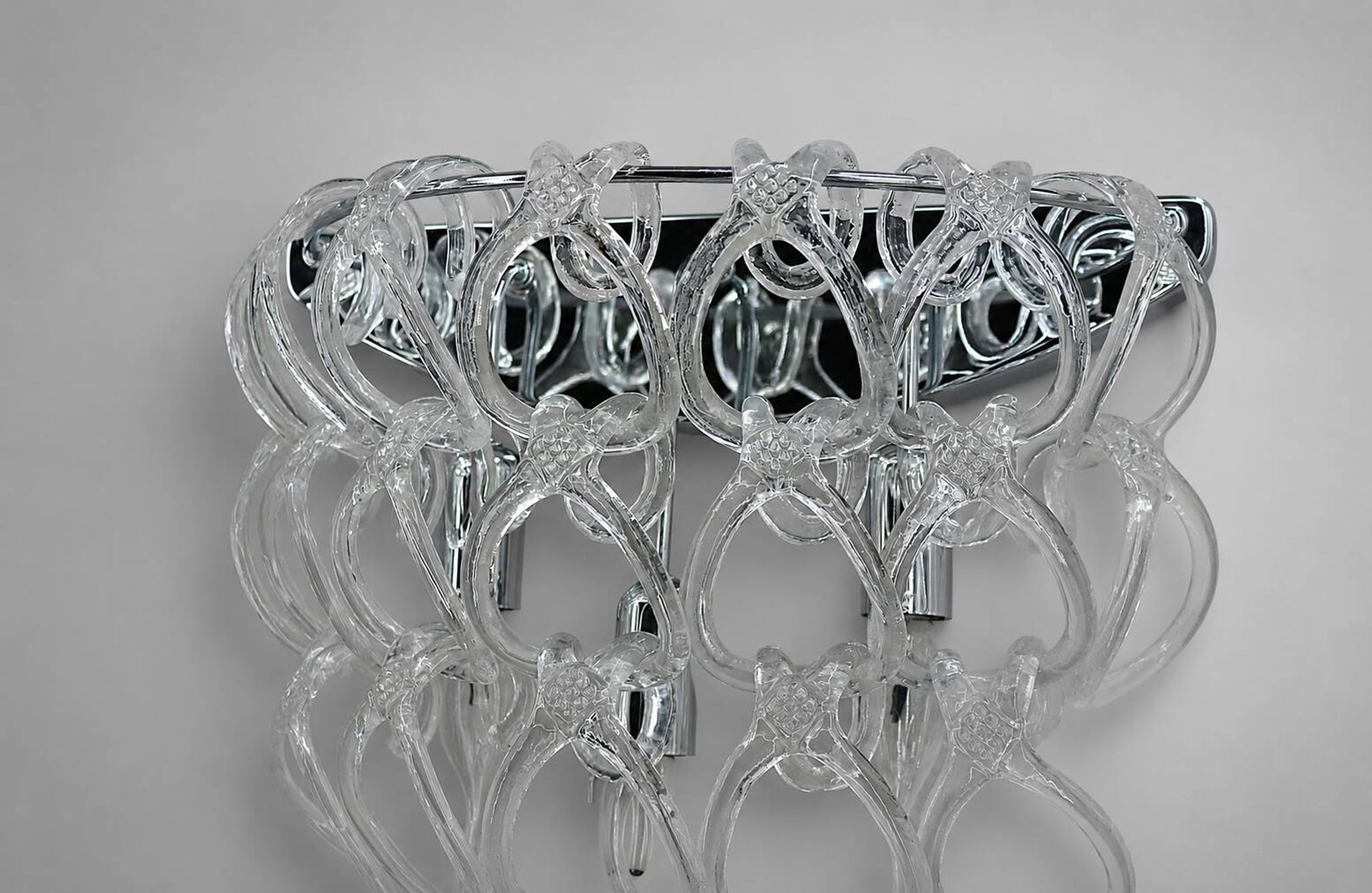 Pair of Art Deco Half-Moon Wall Lights/Hot Water Bottles in Glass & Metal Links
