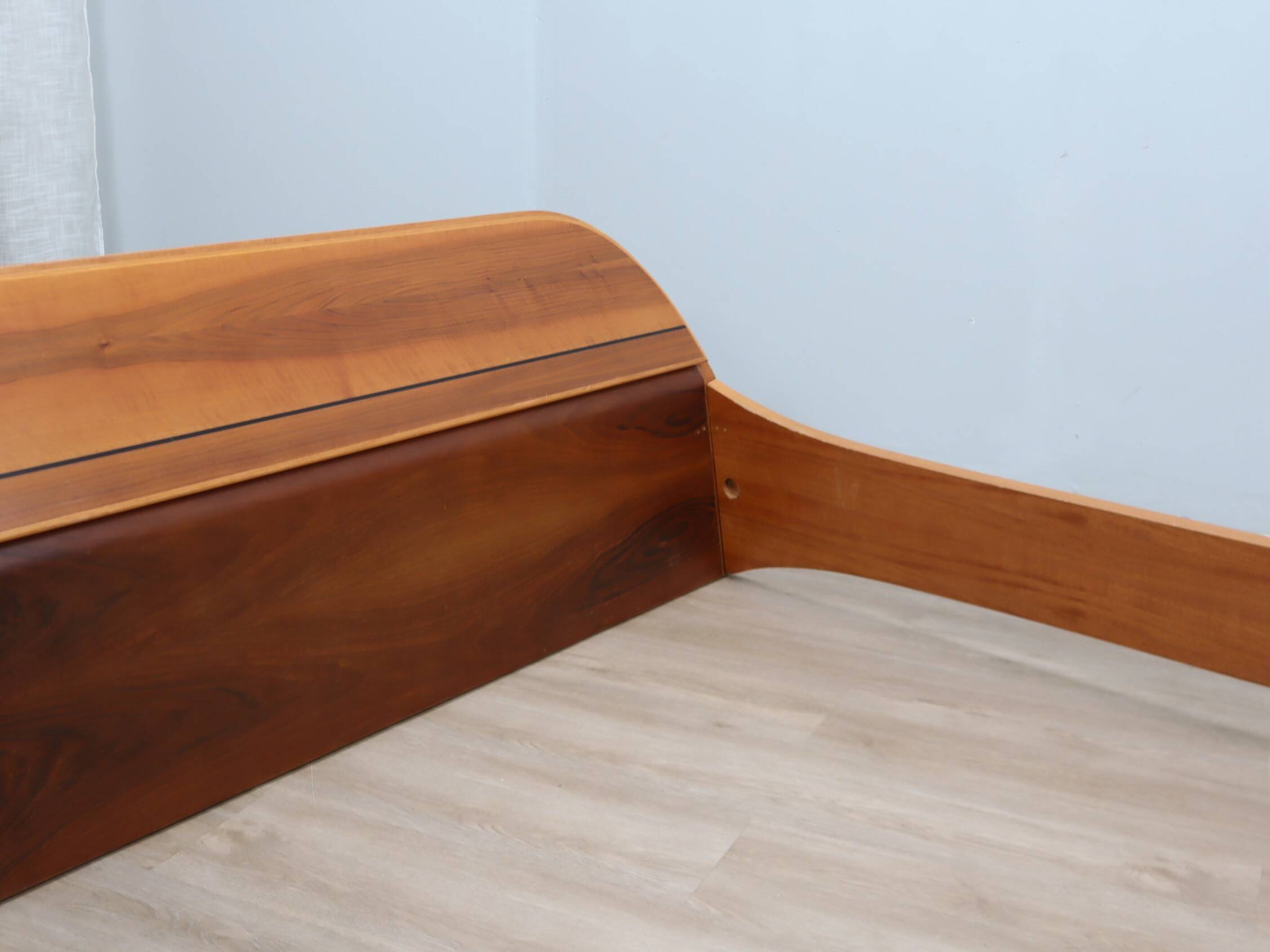 Italian 1970s Curved Walnut Bed Frame with Storage Headboard