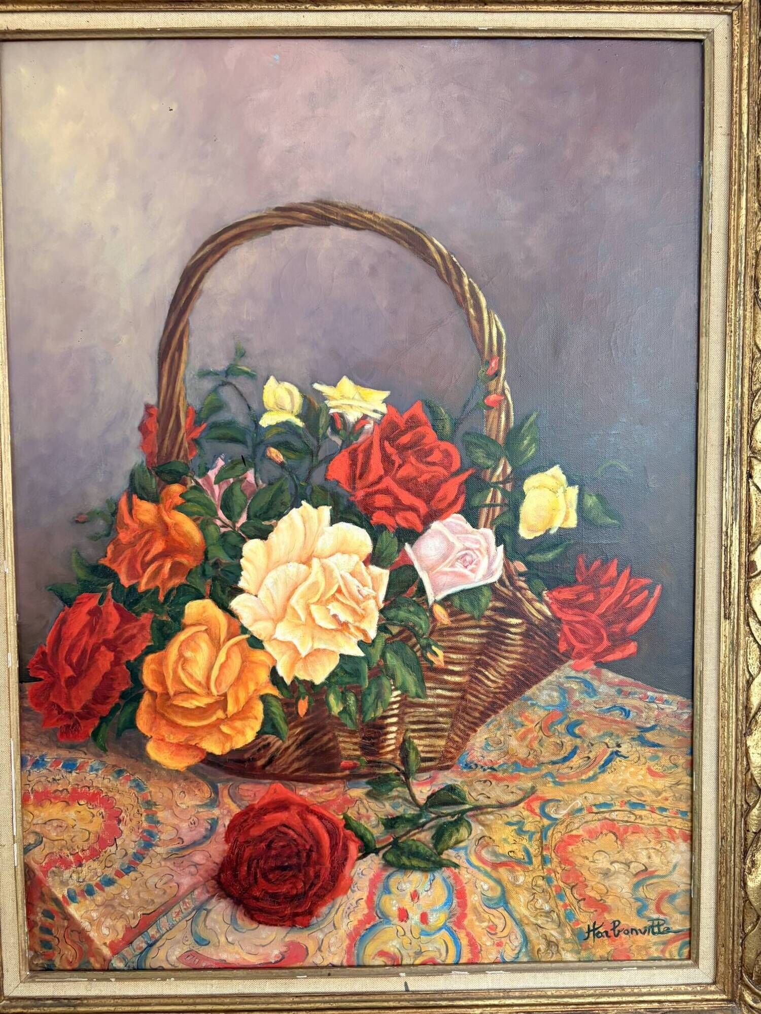 Old Oil Painting Canvas Still Life Rose Flowers Bouquet Signed