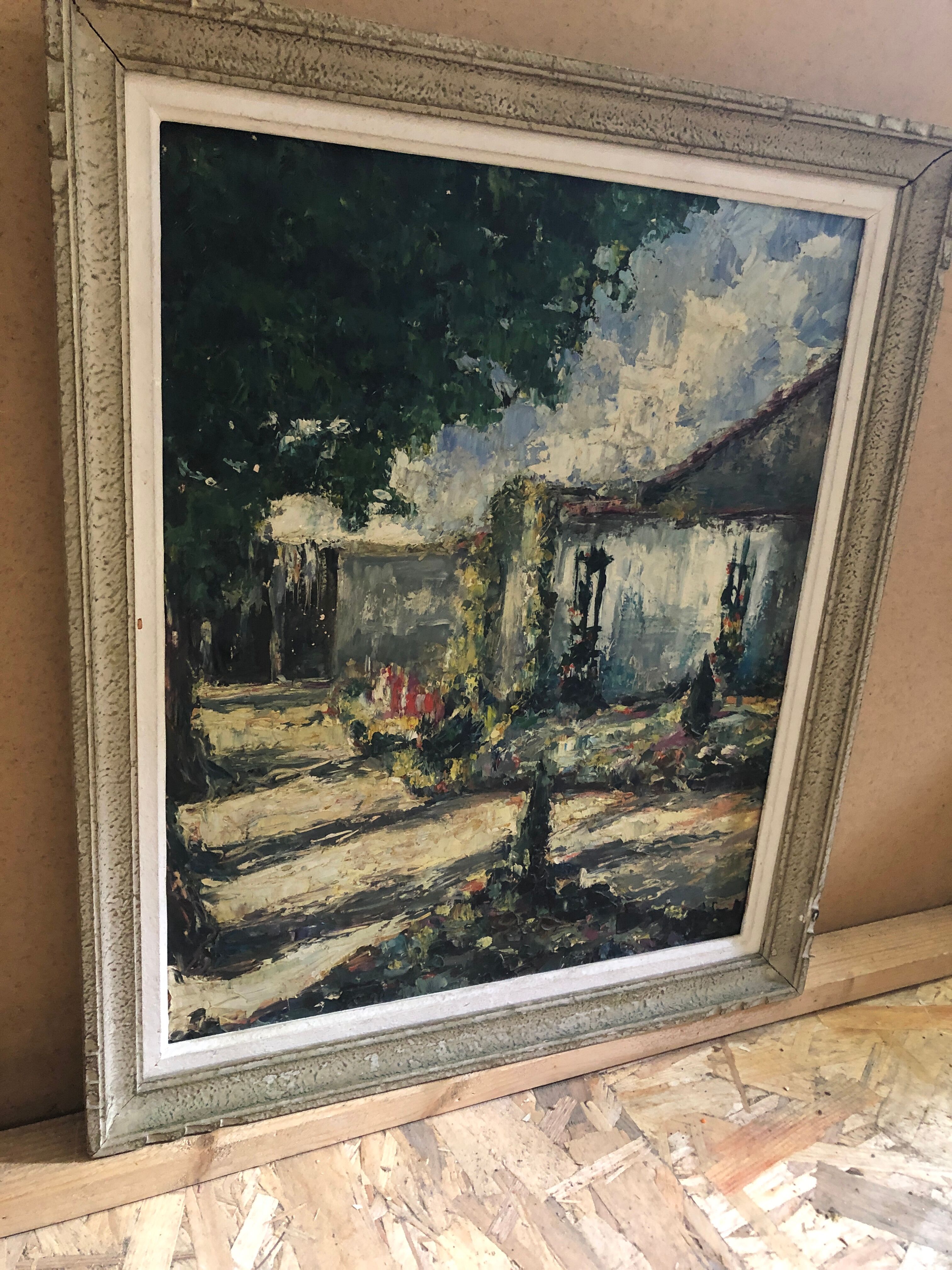 Ancien tableau huile au couteau sur panneau avec cadre bois vintage