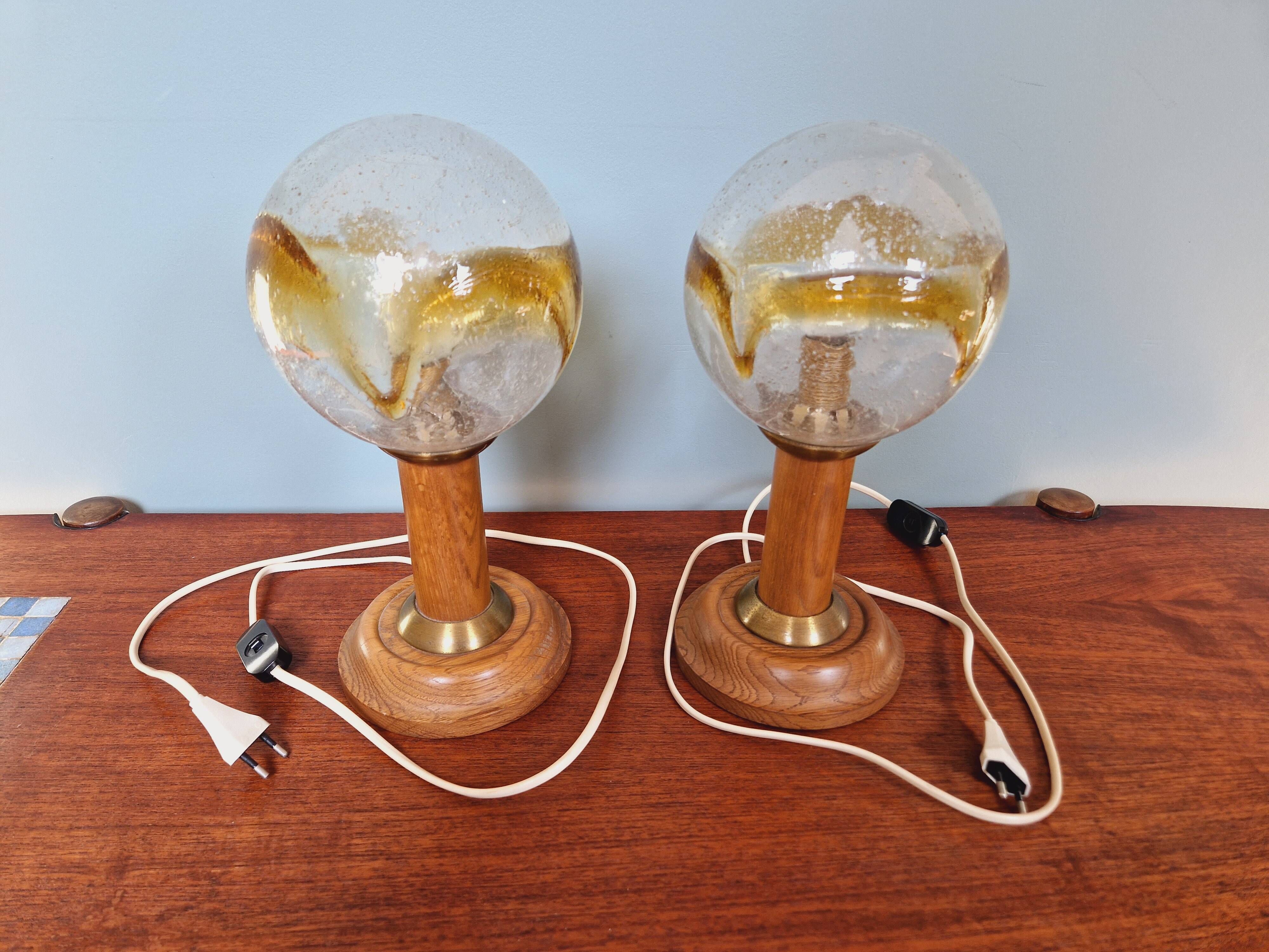 Pair of wooden and blown glass lamps, Honsel Leuchten, 1970s