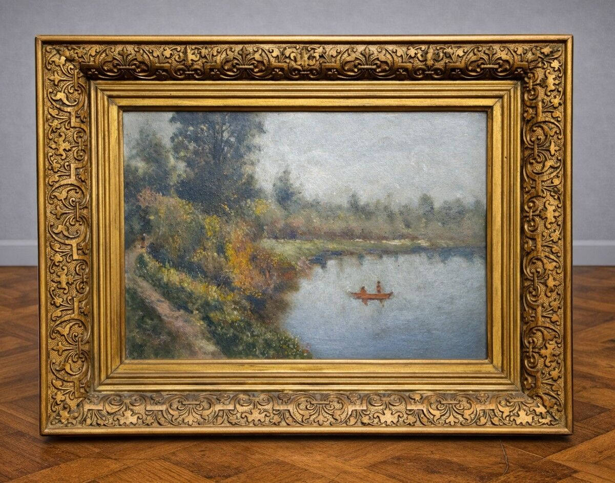 Oil on panel antique – waterside landscape – antique gilded frame
