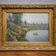 Oil on panel antique – waterside landscape – antique gilded frame