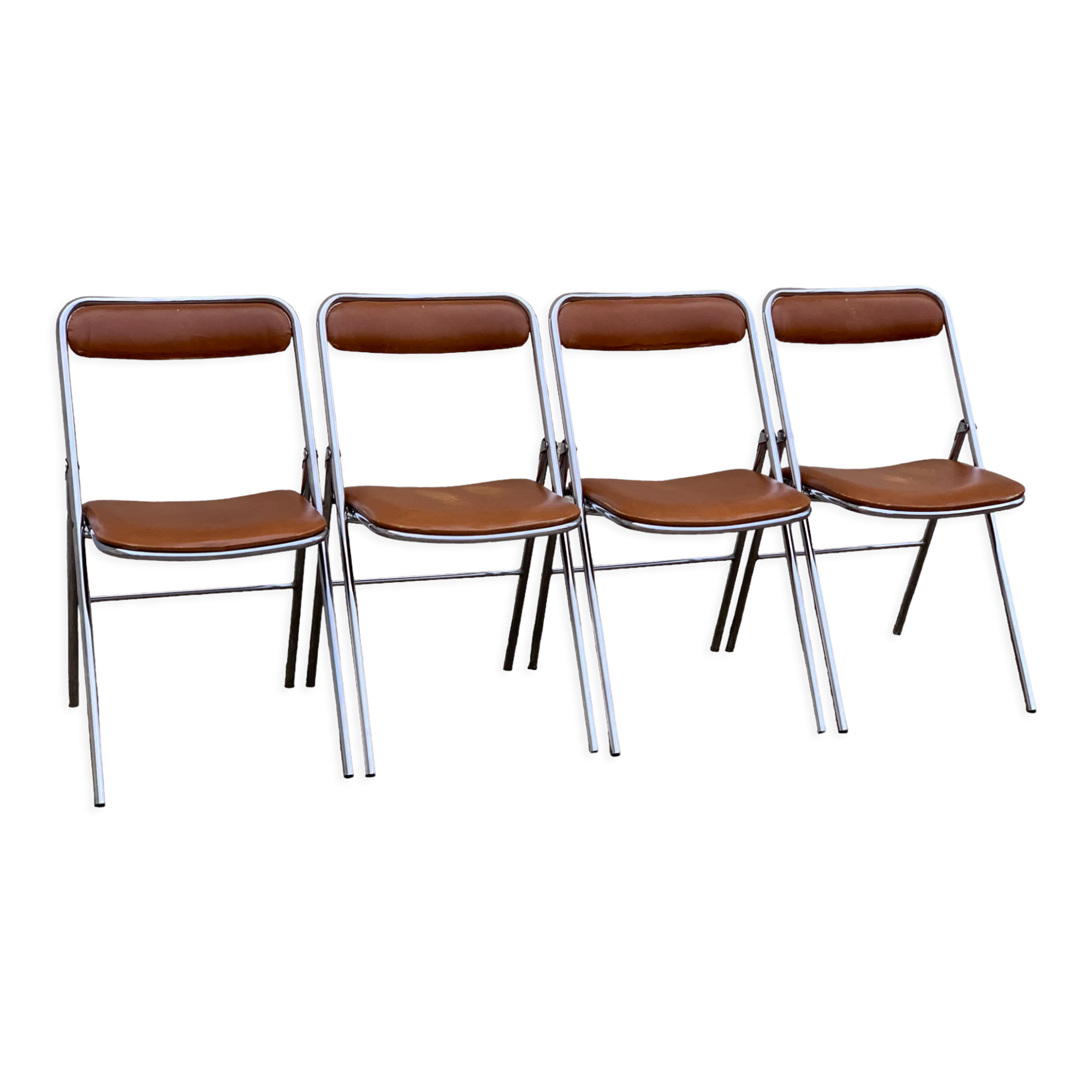 4 folding chairs chromed metal and Skaï fawn 1970