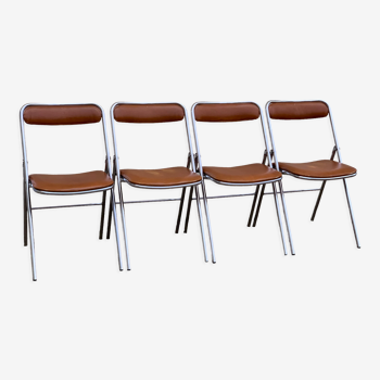 4 folding chairs chromed metal and Skaï fawn 1970