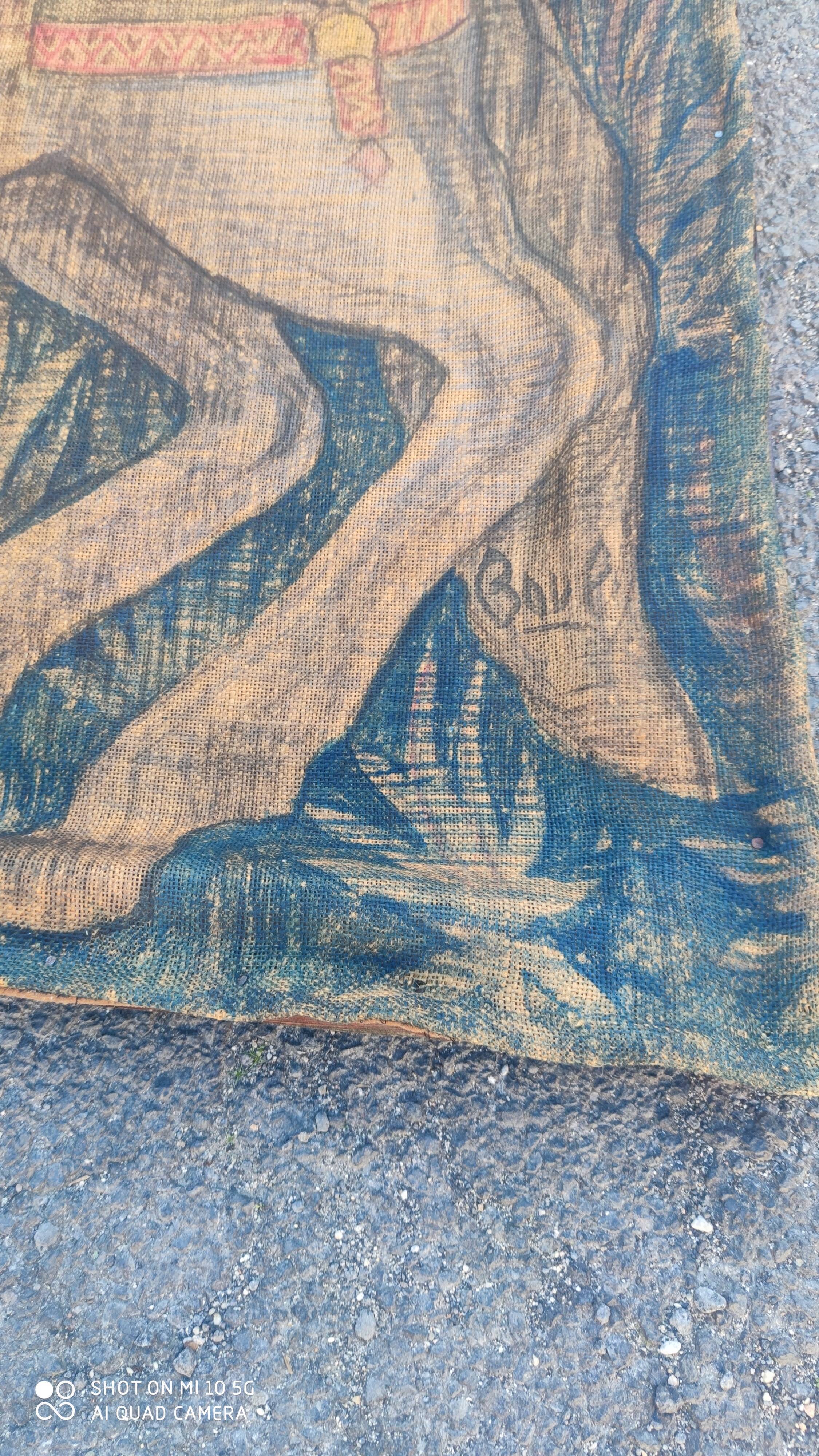 Painted burlap canvas depicting a medieval hunting scene circa 1950 by André Pierre BOURBIOUX, known as "Boul"