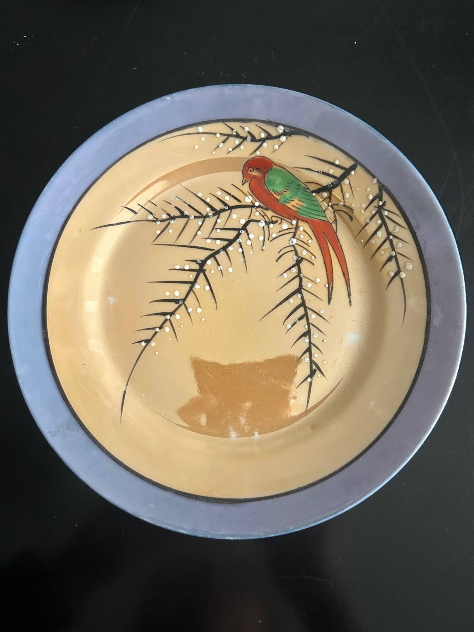 7 iridescent plates with bird decoration