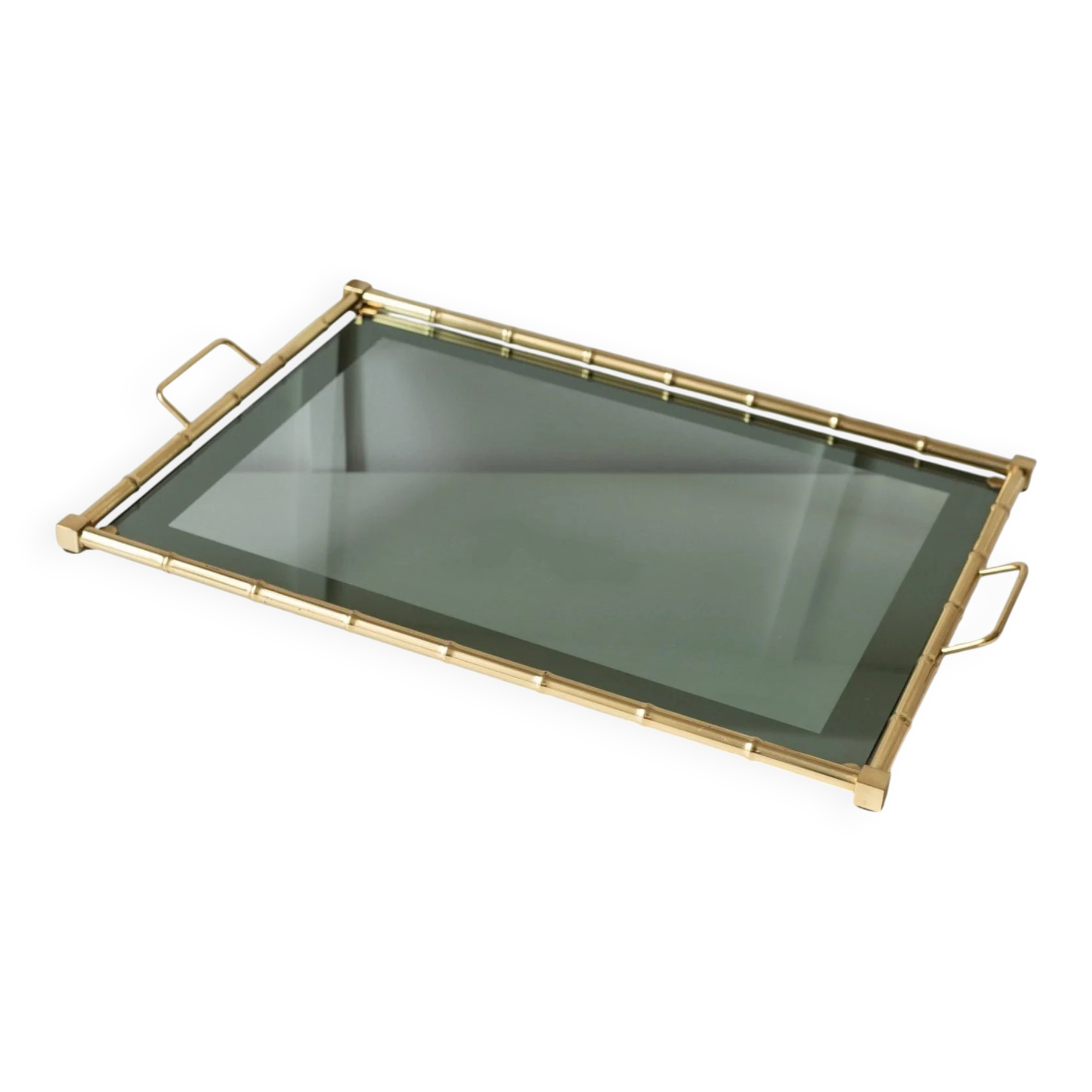 Doré Gold-Plated Bamboo Tray with Smoked Glass Insert – Hollywood Regency, 1960s