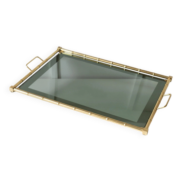 Plateau en bambou doré plaqué or avec insert en verre fumé – Hollywood Regency, années 1960