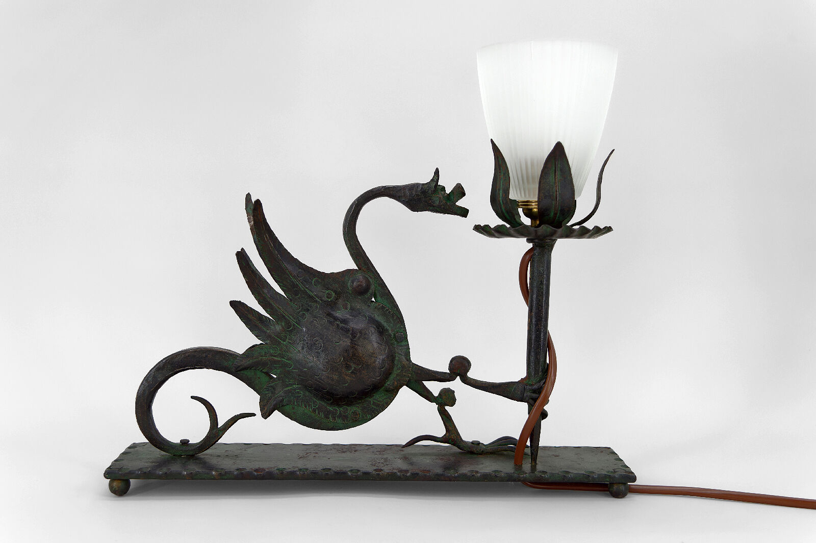 Wrought iron dragon table lamp, circa 1900